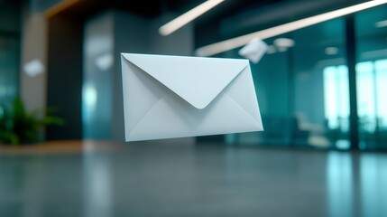 Poster - white envelope floats in a modern office setting, showcasing a clean and minimalist design. blurred 