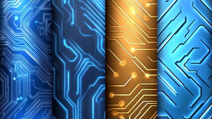 Poster - this image displays four digital circuit board designs, each exhibiting unique color schemes and pat