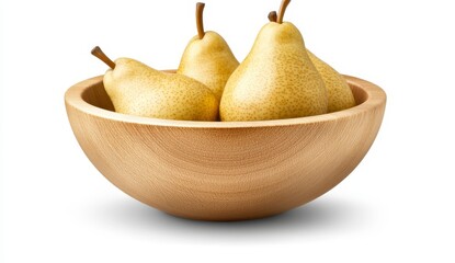 Wall Mural - Four yellow pears with brown stems arranged in a textured, shallow bowl. The pears exhibit a speckled skin pattern, and the bowl has a rough, grainy