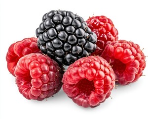 Wall Mural - Close up view of fresh berries against a white background. The red berries are plump and juicy, while the dark berry is glossy. The image is bright