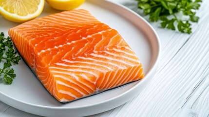 Sticker - Close up view of a fresh fish fillet on a white plate, garnished with lemon slices and parsley sprigs. The fish has an orange pink hue and is shown