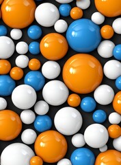 Poster - Abstract background with glossy spheres in white, orange, and blue hues on a dark gray surface. Various sizes and a scattered arrangement create a