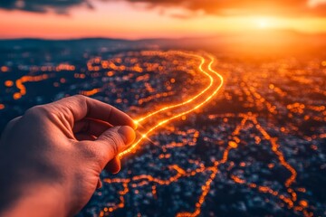 Poster - hand holding a glowing line over a beautiful city at sunset