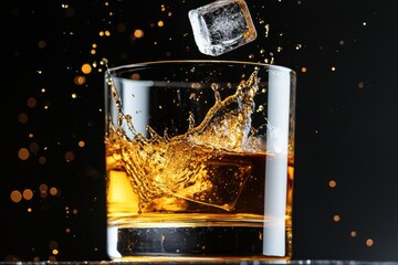 A close-up shot of a glass filled with whiskey, capturing an ice cube splashing into the drink, creating dynamic motion and an appealing visual.