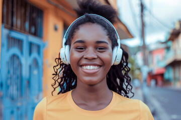 Wall Mural - Cheerful young woman wearing white headphones and a bright yellow shirt, smiling joyfully on a colorful urban street