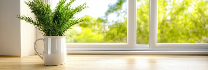 Canvas Print - A vibrant green plant sits inside a white cup on a light brown surface, next to a window with a blurred background of lush green trees and bright