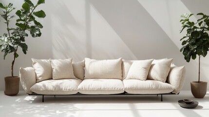 Wall Mural - Sunlit modern living room with soft sofa and decorative cushions in warm evening light