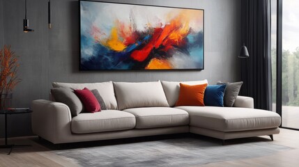 Wall Mural - Modern living room with abstract art and stylish furniture in natural light