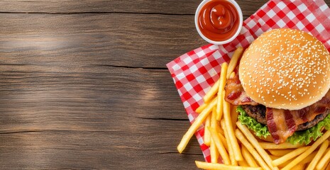 Sticker - Juicy bacon cheeseburger with golden french fries served on a red and white checkered napkin, atop a rustic dark brown wooden table. A small dish of