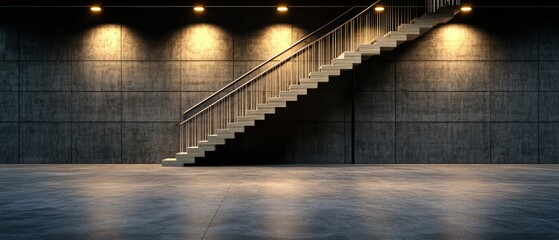 Poster - Staircase in a dark room with ceiling light and dimly lit alleyway leading upward
