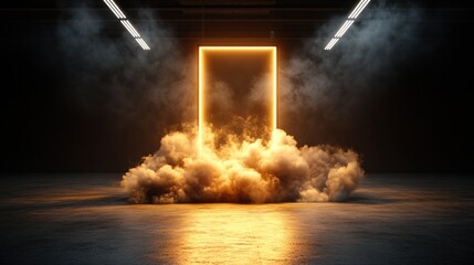 Poster - Room with door surrounded by thick smoke and dramatic warm atmosphere for creative backgrounds