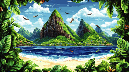 Wall Mural - Stunning Tropical Beach with Lush Greenery Framing Majestic Mountains and Birds Soaring Under Blue Sky in Vibrant Vector Art Landscape Illustration