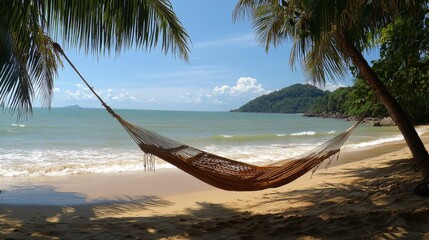 Wall Mural - Hammock between palm trees on a tropical beach during a sunny day