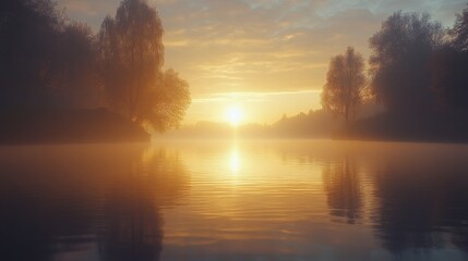 Wall Mural - Sunrise over tranquil river with mist and reflections in early morning light