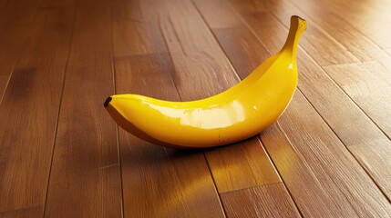 Poster - A single banana rests horizontally on a wooden surface, illuminated by a beam of light