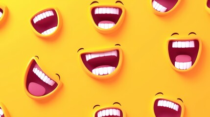 Poster - A vibrant, yellow background filled with repeating patterns of open mouths, each featuring bright red lipstick and white teeth, conveys a playful and slightly unsettling feeling