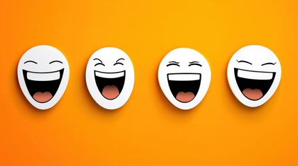 Poster - Four white, egg-shaped characters with smiling faces and open mouths are set against an orange background