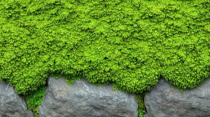 Sticker - Lush green moss thrives on dark gray stones, creating a vibrant texture. The image offers a detailed close up view of the moss's rich color and the