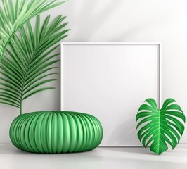 Wall Mural - A serene composition featuring lush green tropical leaves arranged around a blank square frame against a pristine white backdrop. The clean