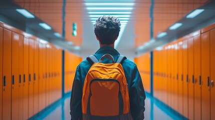 Wall Mural - Student walking through brightly colored hallway of a school with lockers in the background