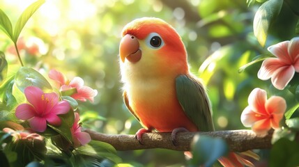 Wall Mural - Colorful parrot perched on branch surrounded by blooming flowers in a sunny garden setting