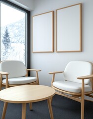 Canvas Print - Two white armchairs with wooden frames and fluffy cushions face each other around a light wood coffee table in a minimalist room with a snowy