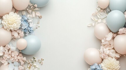 Aufkleber - Beautiful pastel blue and pink balloon and flower arrangement on a white backdrop, ideal for baby shower invites and birthday greetings