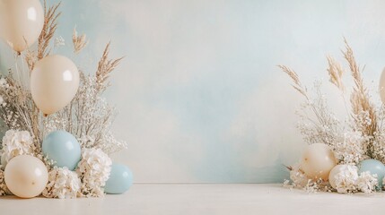 Fototapete - Elegant floral arrangement and balloons for product or design display in minimalist composition