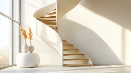 Canvas Print - Modern minimalist interior with a curved wooden staircase, sunlight streaming through a large window, and a vase of dried flowers on a round table