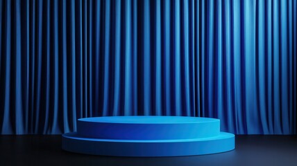 Poster - Blue stage with circular platform and flowing curtains creates a vibrant backdrop.