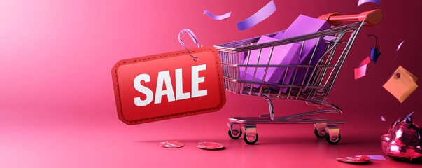 Poster - Concept of discounts and promotions: purple gift boxes in shopping cart with red sale tag on pink background and confetti