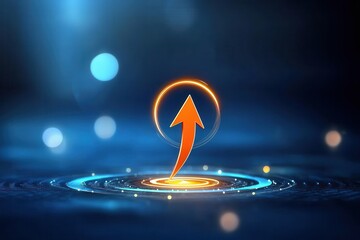 Poster - Abstract upward arrow with glowing effects on a dark blue background.