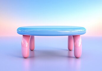 Wall Mural - Pastel pink and light blue low table with rounded legs on a light purple background. Minimalist design, glossy finish, simple shape. Product display