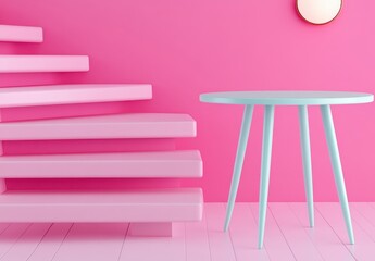 Wall Mural - A pastel pink and light blue minimalist interior scene features a spiraling staircase and a small circular table. Soft lighting and clean lines