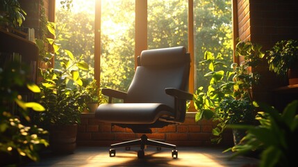 Poster - Armchair in front of window with potted plant in warm inviting interior space