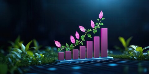 Poster - Growth chart with pink flowers and green leaves on a dark background representing prosperity and nature.