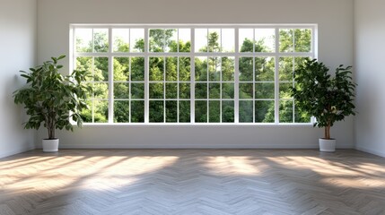Poster - Empty minimalistic room with large window and potted plants in a surreal design setting