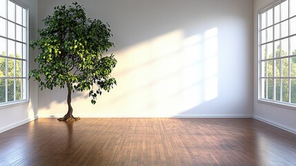 Poster - Minimalist room interior with a single tree placed in the center of an empty white space