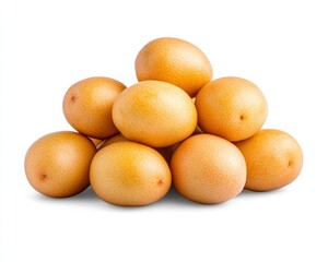 Poster - A pile of small, pale yellow potatoes with brown speckles sits on a white background. The potatoes are smooth skinned and oval shaped, creating a