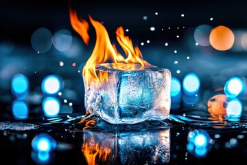 Poster - A burning ice cube with flames against a blurred colorful background.