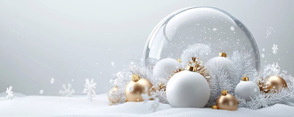 Poster - Christmas snow globe with white and gold ornaments surrounded by snowflakes on a snowy white background