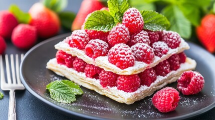 Wall Mural - Close up of a delicious raspberry layered pastry dusted with powdered sugar, garnished with fresh mint, and served on a dark plate with additional