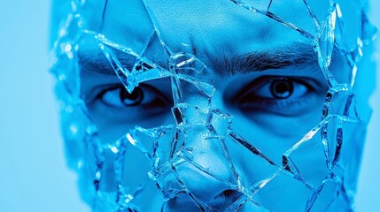 Poster - Shattered Glass Reflection, a fractured glass surface reveals vibrant city lights within, creating a striking contrast against a backdrop of open space and darkness.