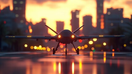 Poster - Small drone flying over a city skyline during sunset with vibrant colors in the sky