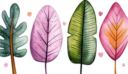 Poster - This vector image features a row of four stylized plant parts in shades of pink, green, and gray. The plant parts are spaced evenly against a clean