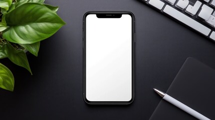 Poster - Blank phone screen on desk, plant, keyboard, pen.  Website mockup