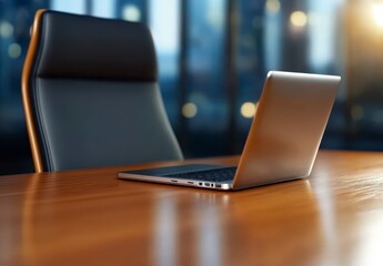 Poster - A silver laptop sits on a polished wooden conference table. A black leather executive chair is beside it. City lights softly blur in the background