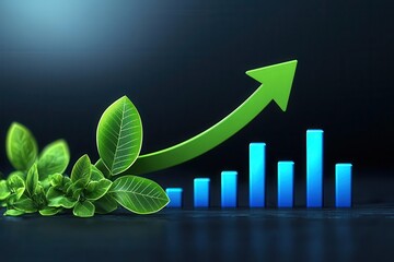 Poster - Green growth concept with leaves and upward arrows on a dark background.