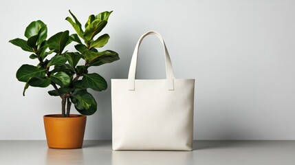 Poster - Potted plant beside a white bag and colorful canvas tote bags on a flat surface