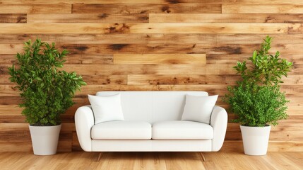 Poster - White couch with two potted plants in modern living room interior details blurred background